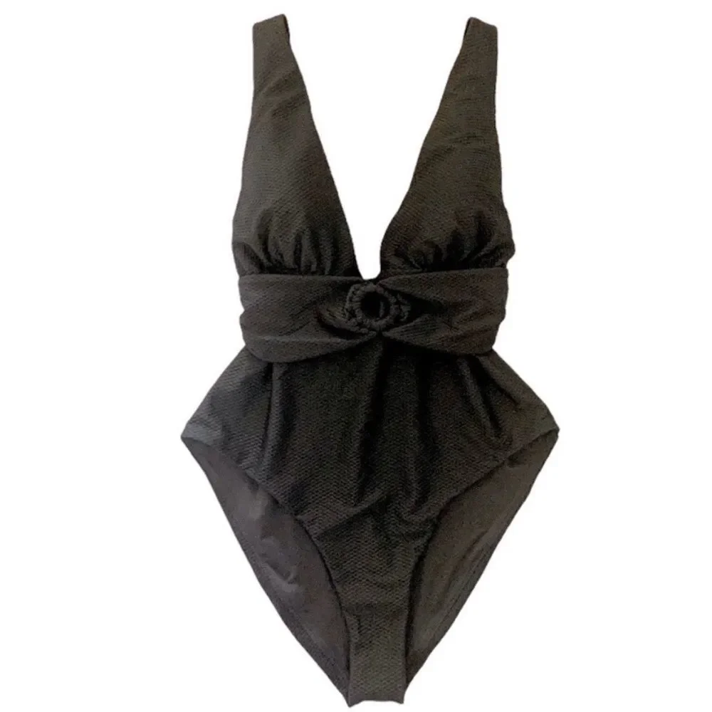 CHELSEA28 Black Belted Textured One Piece Swimsuit